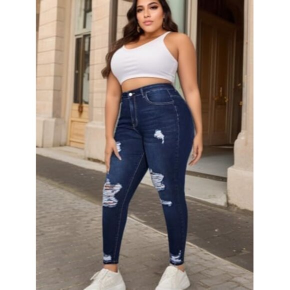 Plus Size Women Stretch Skinny Jeans High Waist Ankle Ripped Tummy Control - Picture 7 of 7